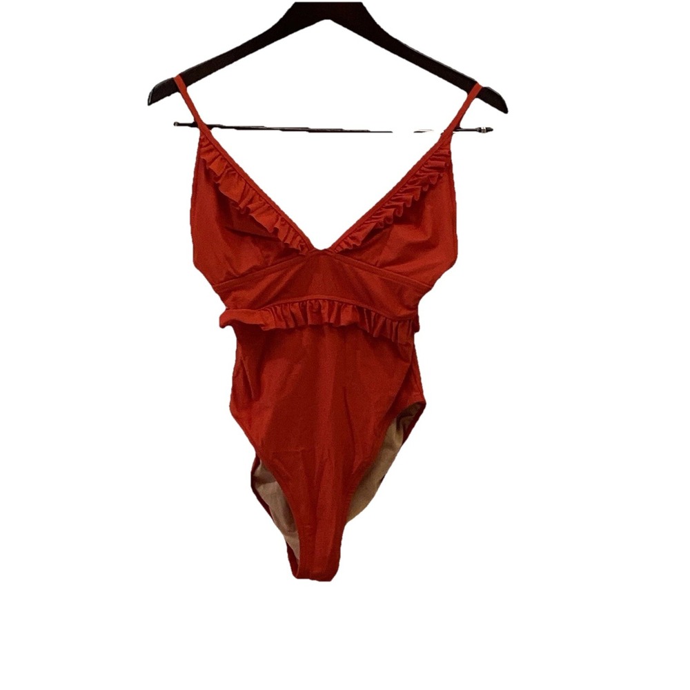 JCREW RED RUFFLE TRIMMED ONE‎ PIECE PLUNGE SWIMSUIT SIZE 4 Crimson Red
